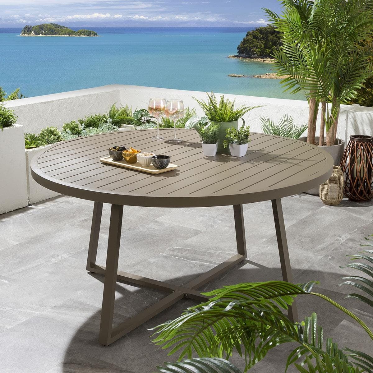 ExDisplay Sun 6 Seater Round Outdoor Garden Dining Table Beige 150cm
